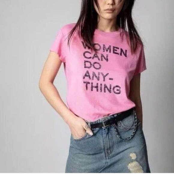 NWT New Zadig & Voltaire Pink Women's Walk Women Can Do Anything Tee shirt NWOT - Picture 1 of 7